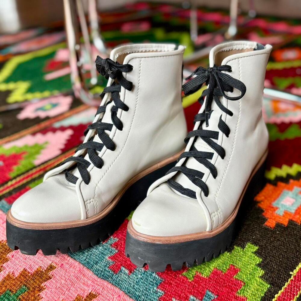 ALL BLACK Cream Chunky Leather Platform Lace Up Boots Size 37, 6.5, $428